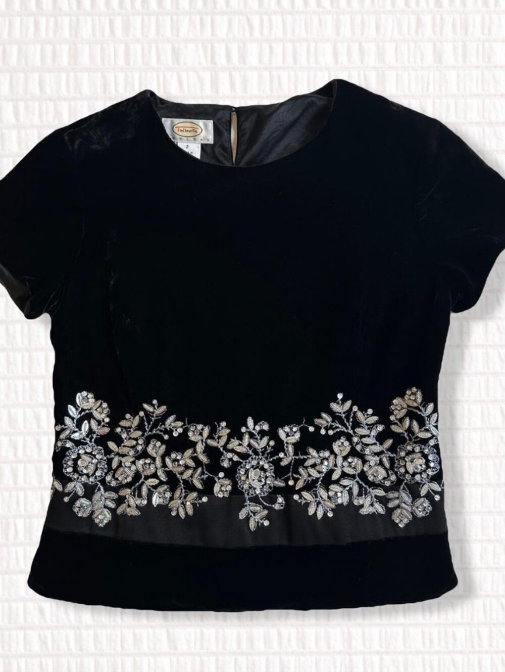 Vintage Talbots Velvet Short Sleeve Top With Floral Embroidery Beaded Rhinestone